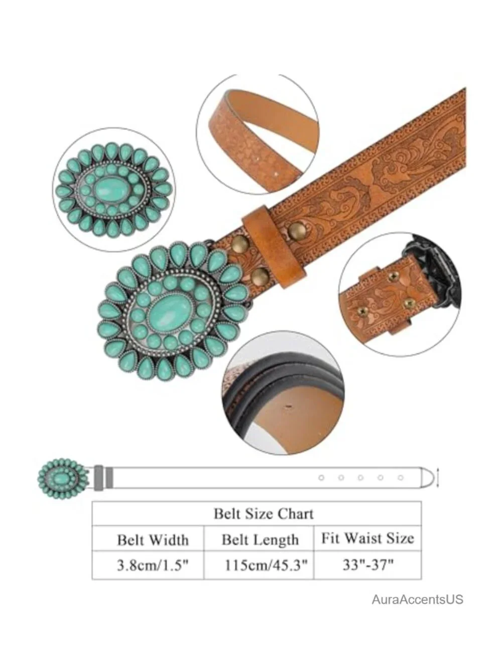 Western Cowgirl PU Leather Belt with Turquoise Buckle for Women Dress Waist